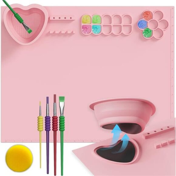 Silicone Painting Mat with Cup and Paint Holder,  4  Brushes & 1 Sponge 20"x16" - Picture 1 of 7